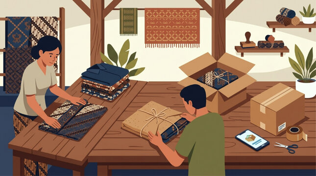 Flat illustration of workers packing traditional Indonesian batik textiles into shipping boxes for e-commerce, warm lighting, small business workshop setting.