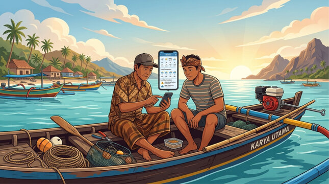 Fishermen on traditional boat at sunrise using smartphone app for weather forecast. Tropical coastal setting, AI generated illustration.