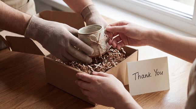 Hands wearing beige gloves carefully placing ceramic mug into cardboard box with small thank you note