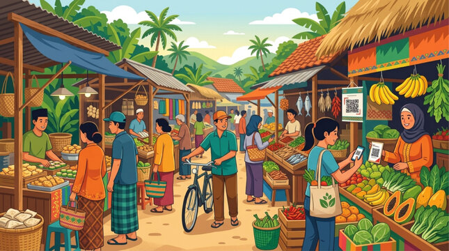 Vibrant digital illustration of a busy tropical outdoor market with people shopping for fresh produce and using mobile payments. AI Generated.