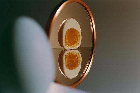 Close-up of a halved soft-boiled egg with runny yolk on reflective mirror surface