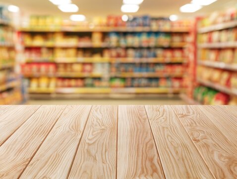 Wooden tabletop in focus with blurred supermarket shelves full of various packaged goods in the background.