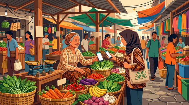 AI generated illustration of a woman using mobile payment at a traditional vegetable market stall with an elderly vendor.