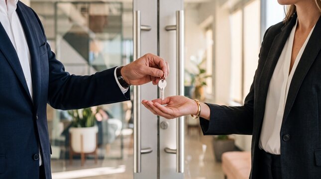 Professional real estate agent hands shiny silver key to female client inside bright modern office space