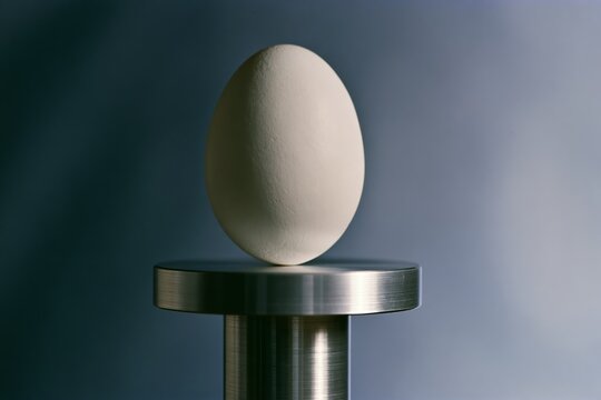 Minimalist still life with single matte white egg on reflective surface