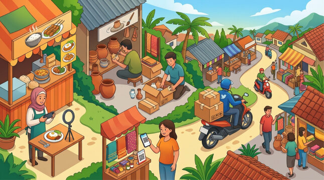 Vibrant isometric illustration of a bustling Southeast Asian village market featuring pottery artisans, street food stalls, and digital delivery services. AI Generated.