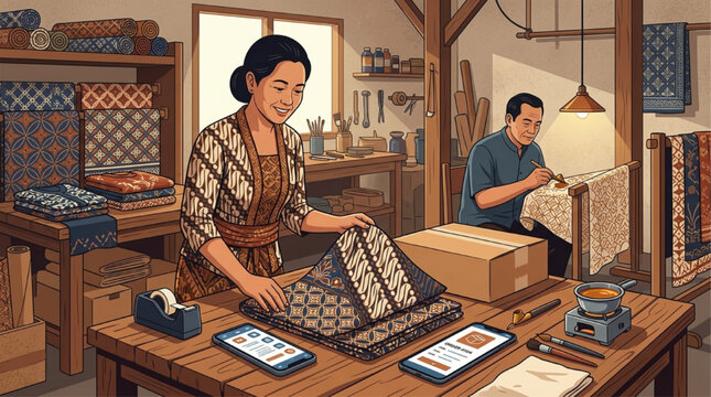 Traditional Indonesian batik workshop with artisans crafting and packing textiles for digital business, warm lighting, AI generated illustration.