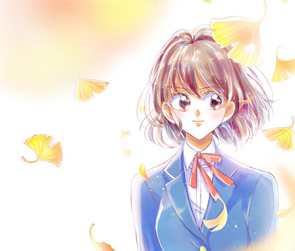 女子学生　バストアップ　強気　イチョウ