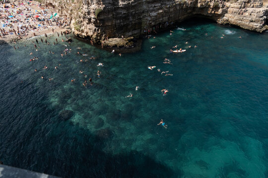aerial view of lama monachile beach in polignano a mare, apulia, italy