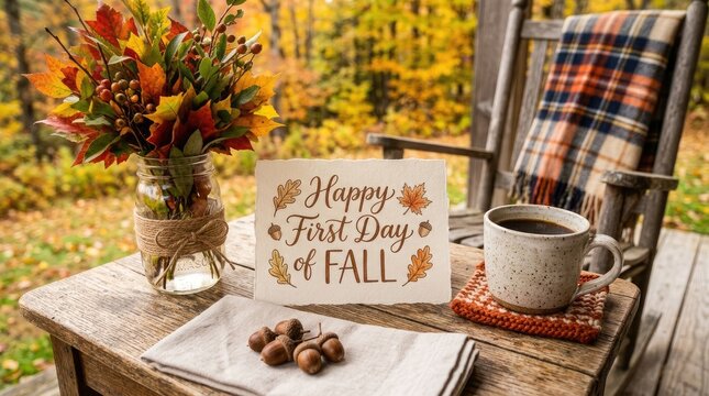 Cozy autumn scene with coffee, fall leaves, and happy first day of fall sign on a rustic porch