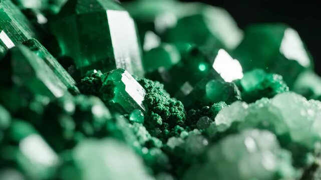 Vibrant close-up of sparkling green crystals and intricate mineral formations.