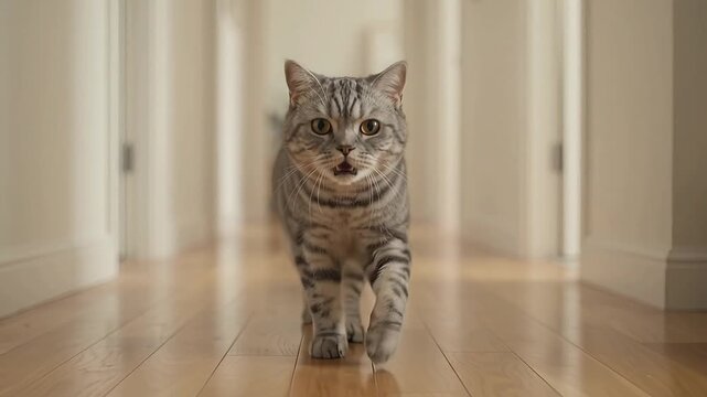 Cute gray tabby cat walking towards camera down a wooden hallway