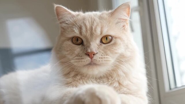 Cute cream cat licks its nose while sitting by the window