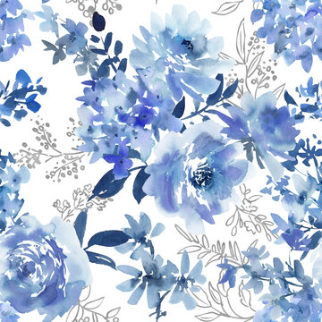 Watercolor Elegant Blue Seamless Pattern with Abstract Hand-Painted Peonies, Wildflowers and Silver Botanical Line Art for Fabric, Wallpaper, Wedding Invitations, and Surface Design

