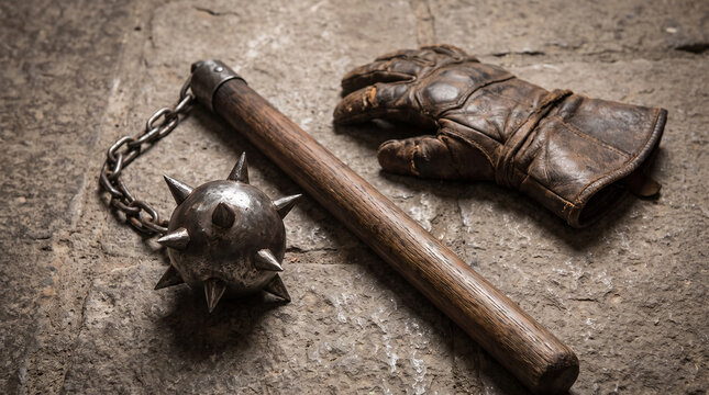 Medieval spiked flail weapon and leather gauntlet on stone floor