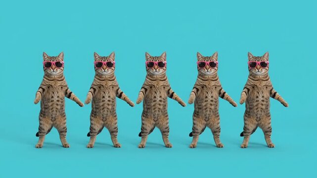 Five funny cats dancing in sync wearing pink sunglasses on blue backgr