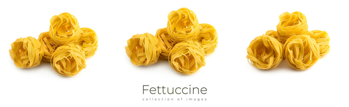 Uncooked fettuccine nest pasta on white background. High quality photo