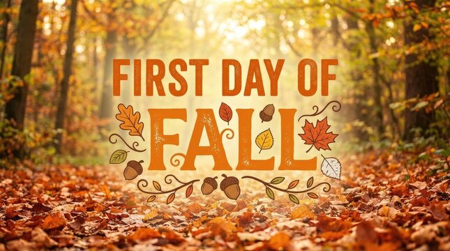 First day of fall greeting with autumn leaves and acorns in a forest path
