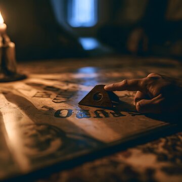 POV Hand Using Wooden Planchette on Ouija Board at Night.