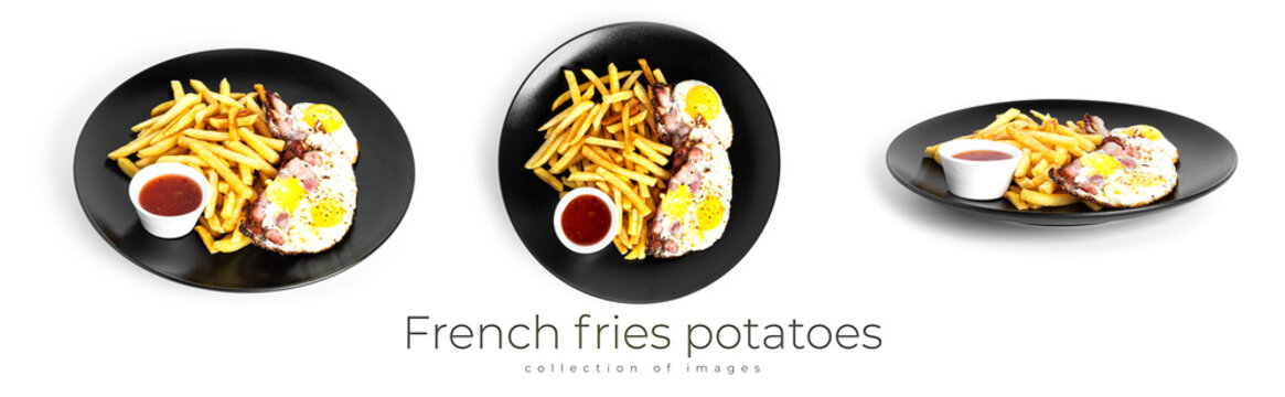 French fries potatoes with fried eggs isolated on a white background. Fried potaoes isolated. High quality photo