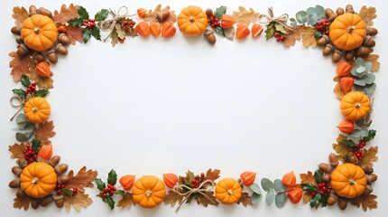 Obraz premium Autumn frame made of pumpkins, acorns, leaves, and berries isolated on white background