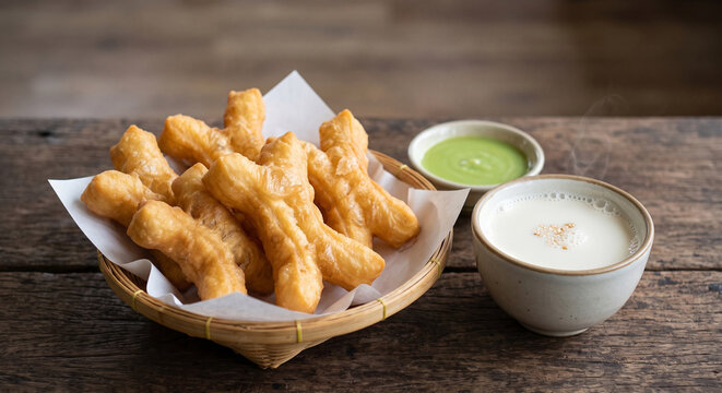 Traditional Asian breakfast, Thai Pathongko (Chinese donuts) with hot soybean milk and sweet dipping sauce.