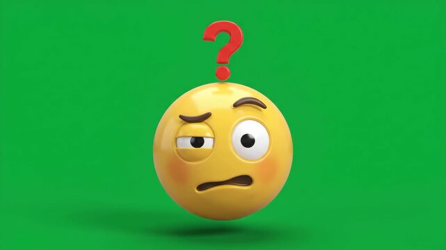 Confused emoji with question mark on green background, expressing doubt and uncertainty.