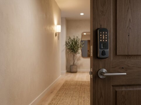 Modern electronic smart door lock with illuminated numeric keypad and fingerprint scanner mounted on a solid wooden door, opening into a warmly lit contemporary apartment hallway.