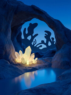Glowing Crystals Inside Mysterious Blue Fantasy Cave