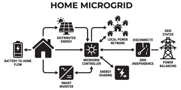 Home microgrid system illustration showing energy flow and distribution among houses.