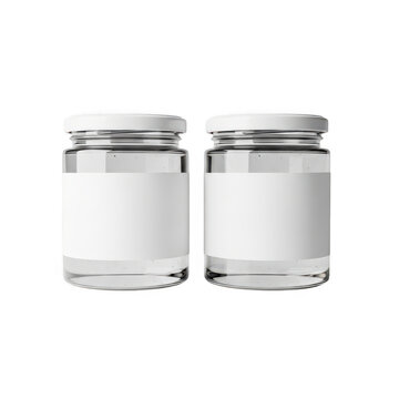 Two empty glass jars with white lids and blank labels isolated on white background