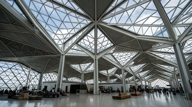 Modern airport terminal hall with geometric glass roof and steel beams