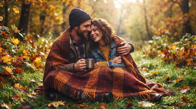 Happy couple wrapped in warm plaid blanket drinking tea in autumn forest. Man and woman relaxing together among colorful fall foliage. Love, romance and cozy outdoor leisure concept for autumn season