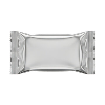 Blank silver foil snack wrapper mockup for food packaging design isolated on white background