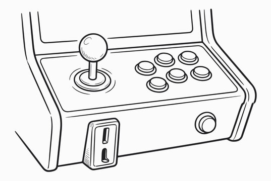 Retro arcade machine control panel line art. Vintage video game cabinet joystick, push buttons, and coin slot isolated on white background