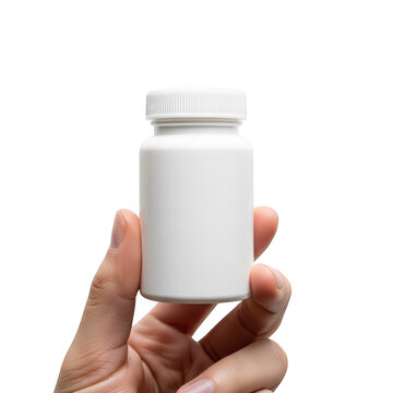 Hand holding a white plastic medicine bottle isolated on transparent background