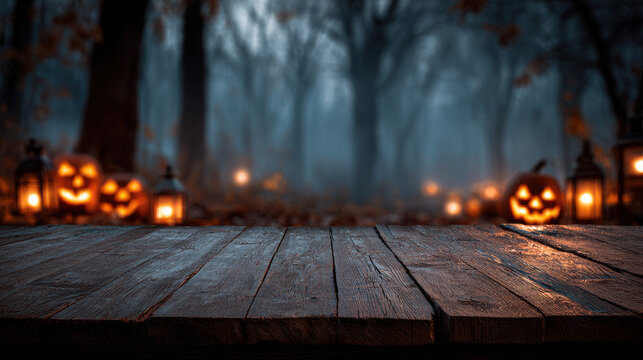 Rustic table spooky forest pumpkins