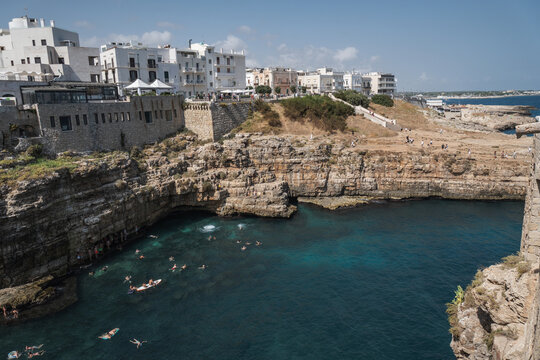 aerial view of lama monachile beach in polignano a mare, apulia, italy