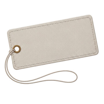 Blank beige textured fabric price tag with string isolated on transparent background