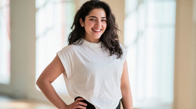 Confident smiling young plus size woman standing with hands on hips