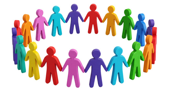 Colorful human figures holding hands in circles png isolated on transparent background