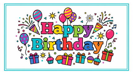 Fototapeta premium Colorful birthday celebration graphic featuring balloons confetti and gifts in a playful cartoon style