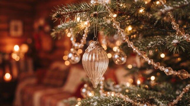 Close up of a delicate glass christmas ornament hanging on a decorated evergreen tree with warm lighting