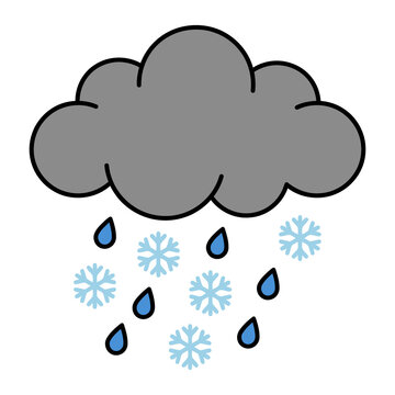 Cartoon beige rain cloud with black outline releasing blue raindrops and pale blue snowflakes, suggesting a cold, wintry storm.
