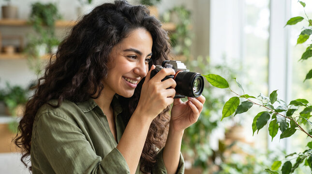 Woman photographer taking picture of green plant with camera at home. Smiling young woman with curly hair enjoying hobby of photography among houseplants. Creative leisure and nature concept