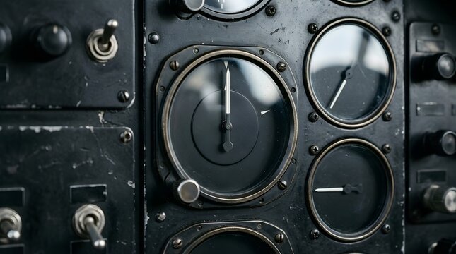 Vintage airplane cockpit control panel with analog gauges and switches