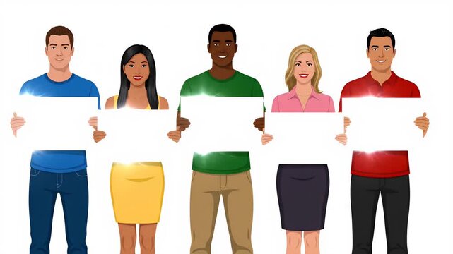 Diverse group of five people holding blank white signs, pixel art characters representing community and communication