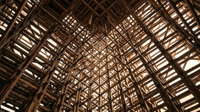 Intricate wooden lattice ceiling detail with warm tones and geometric patterns creating an abstract architectural view