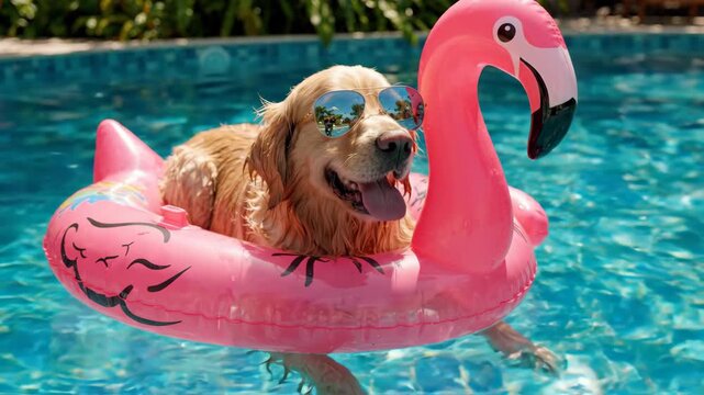 A cool Golden Retriever dog wearing sunglasses, happily floating in a pink flamingo inflatable in a sunny swimming pool.