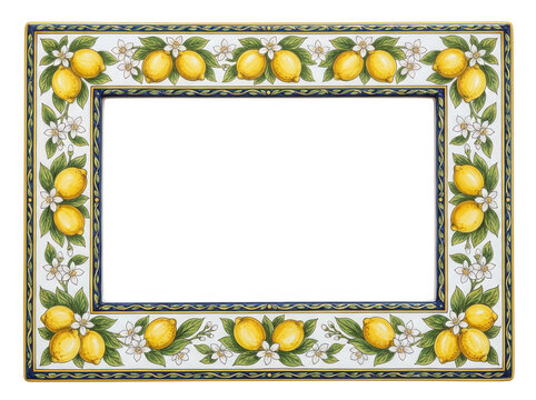 Rectangular decorative ceramic frame with vibrant lemon and flower pattern isolated on transparent background for elegant stationery